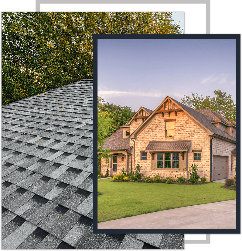 DB Roofing Solutions Images - asphalt roofing shingle close up image and house wiht new asphalt roof image